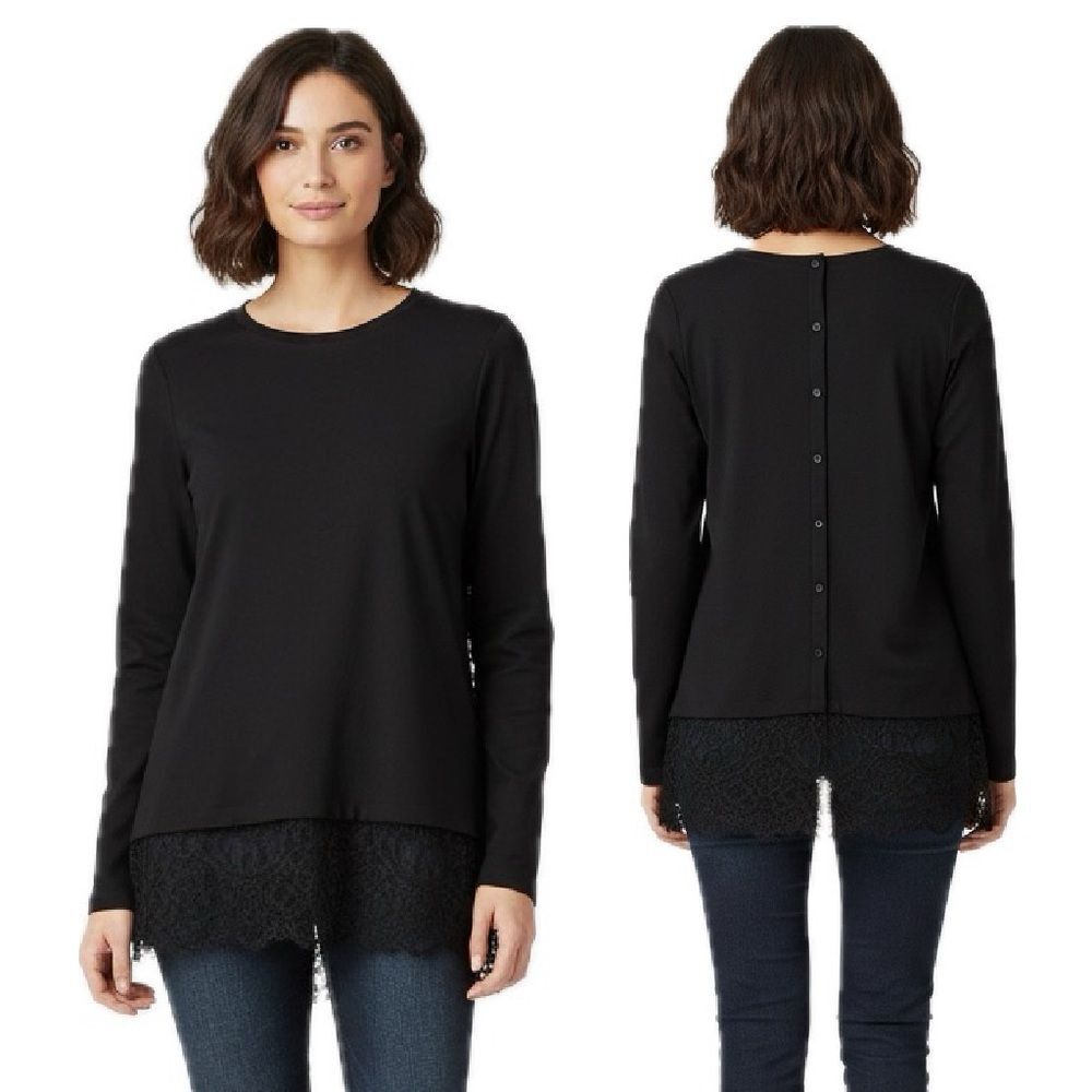 NWT Catherine Malandrino Black Lace-Trim Long Sleeve Top w Back Buttons Sz Large